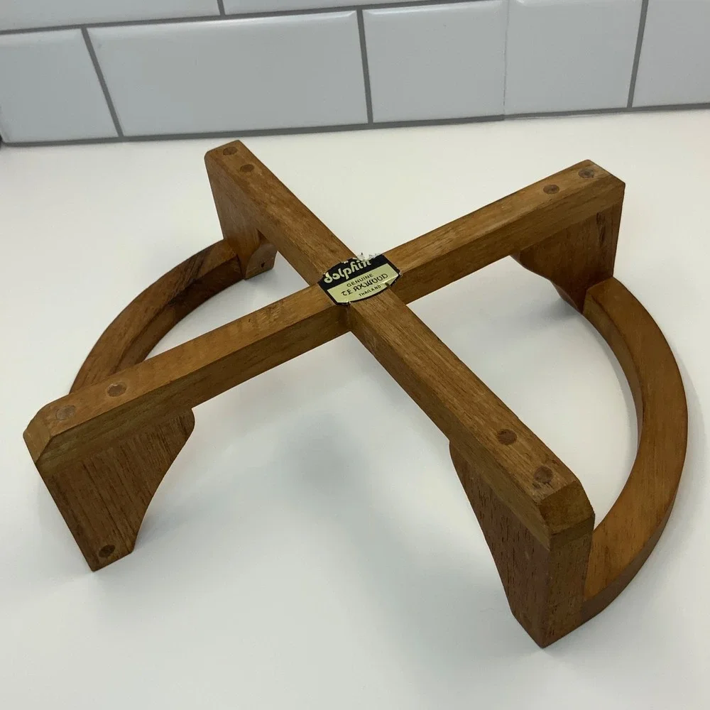 Vintage Dolphin Bowl Stand Genuine Teakwood Brown 10.25x7.5x3in